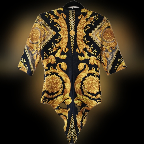 Vintage Gianni Versace Couture 1994 Baroque Print Sheer Mesh Illusion Bodysuit - Picture 2 of 13